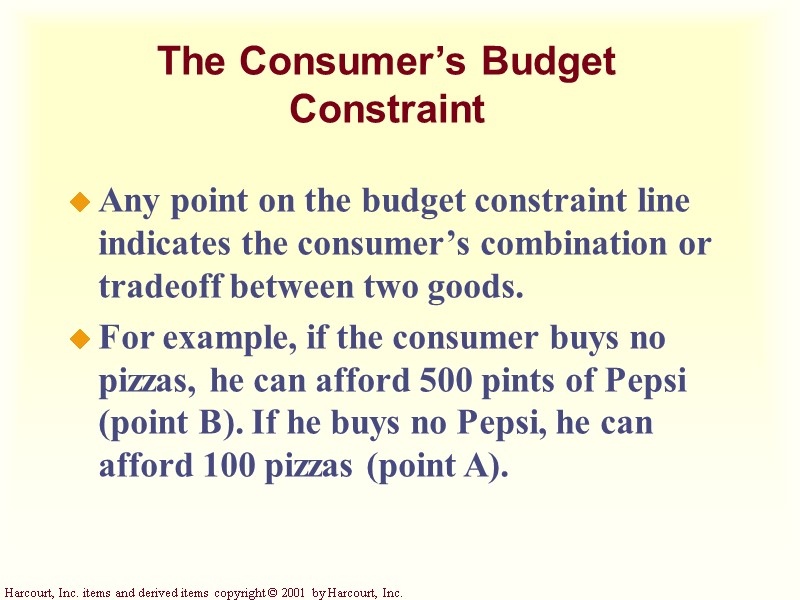 The Consumer’s Budget Constraint Any point on the budget constraint line indicates the consumer’s The Consumer’s Budget Constraint Any point on the budget constraint line indicates the consumer’s
